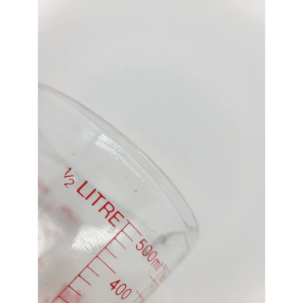 Fire King Measuring Cup 2 Cup D-Handle #498 Clear Glass with Red Lettering